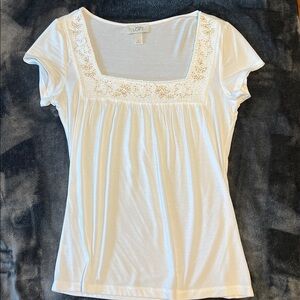 LOFT White Beaded Square Neck Short Sleeve Top. EUC. Size Small.